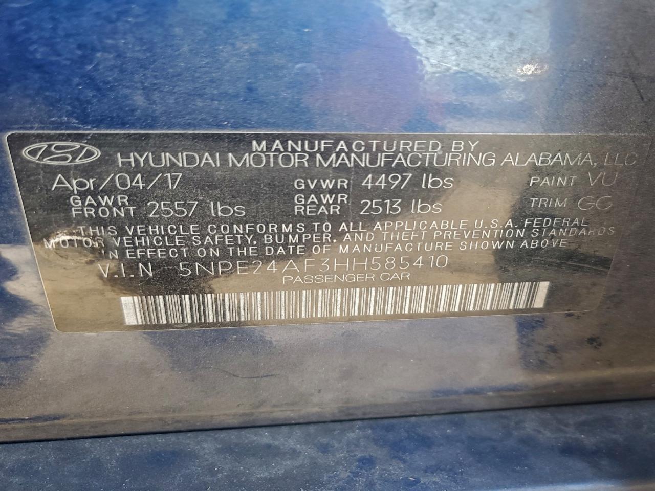 2017 Hyundai Sonata Se VIN: 5NPE24AF3HH585410 Lot: 94414605