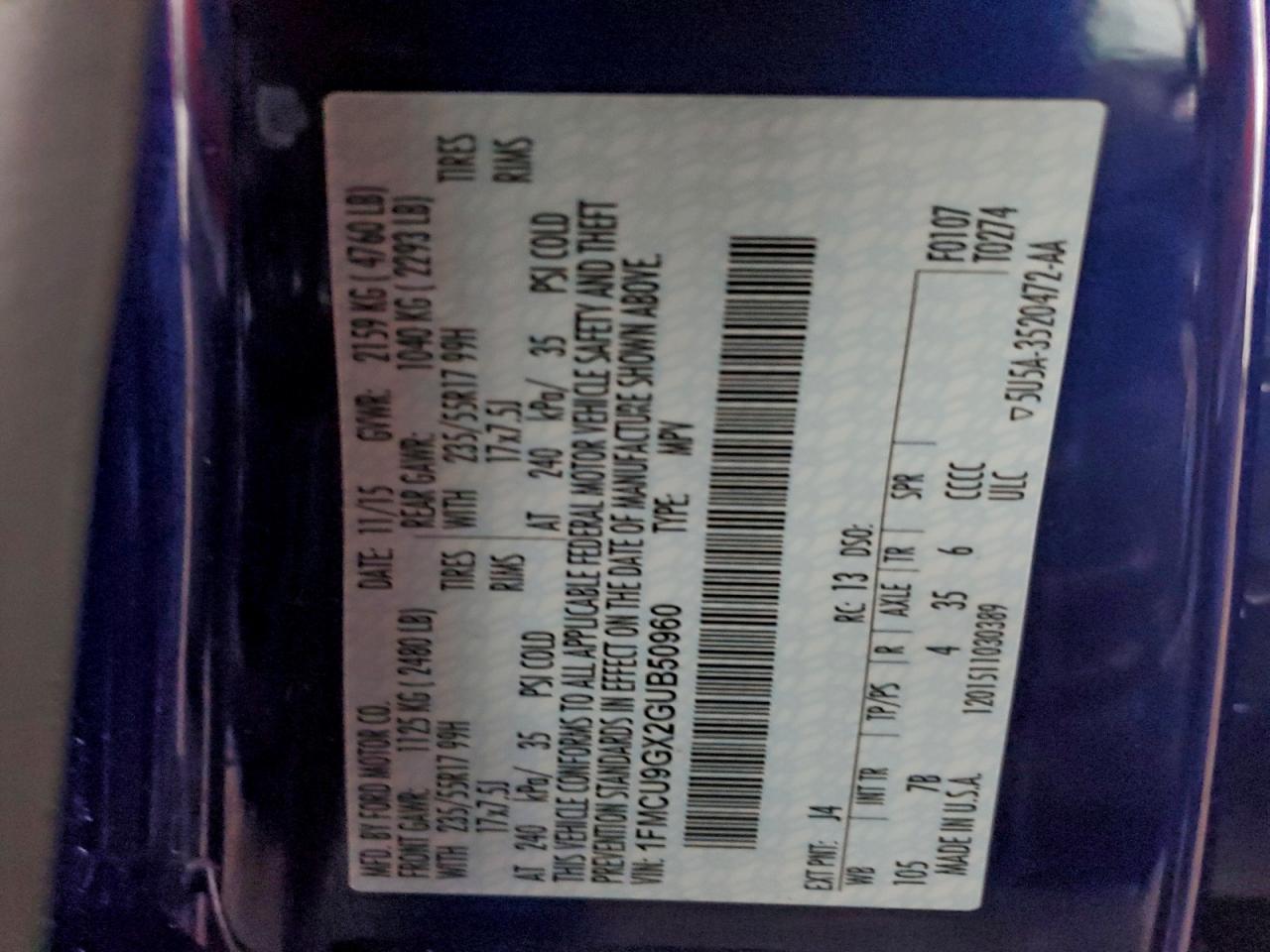 2016 Ford Escape Se VIN: 1FMCU9GX2GUB50960 Lot: 94340475