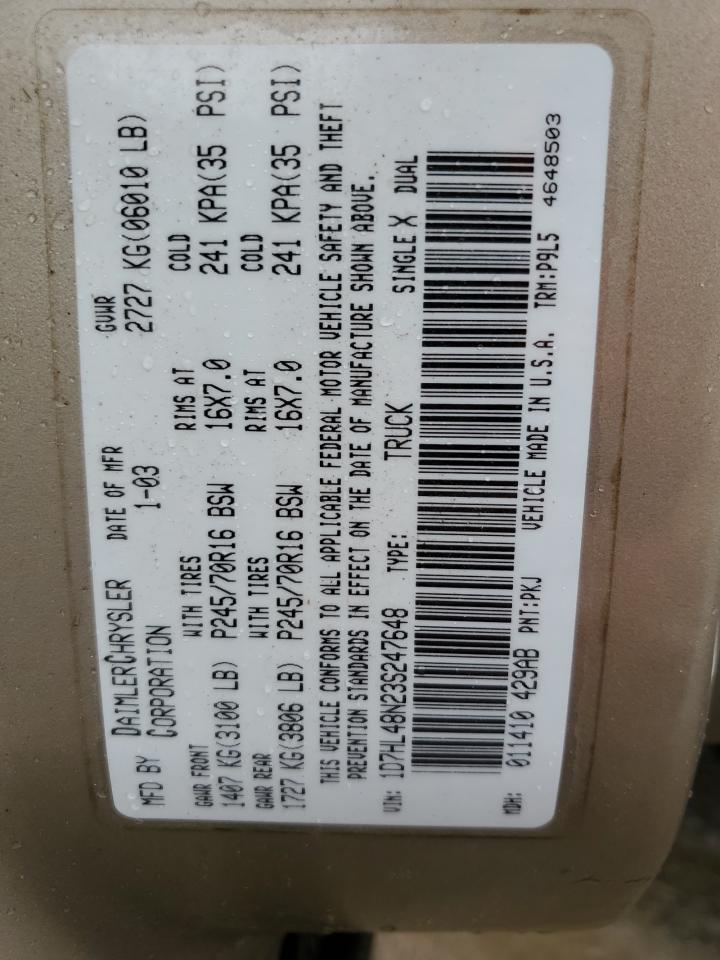 2003 Dodge Dakota Quad Slt VIN: 1D7HL48N23S247648 Lot: 93454305