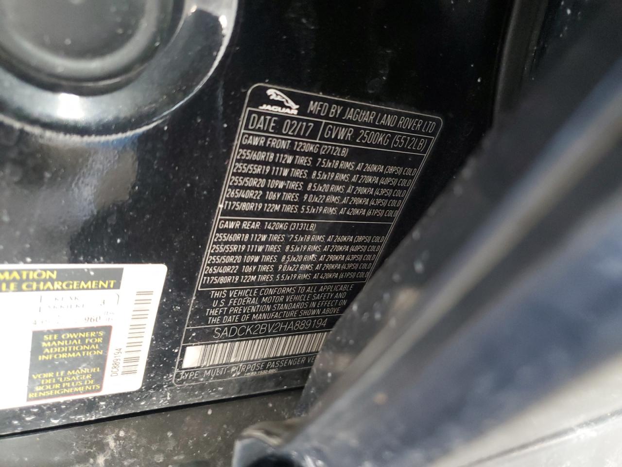 2017 Jaguar F-Pace Prestige VIN: SADCK2BV2HA889194 Lot: 93203565