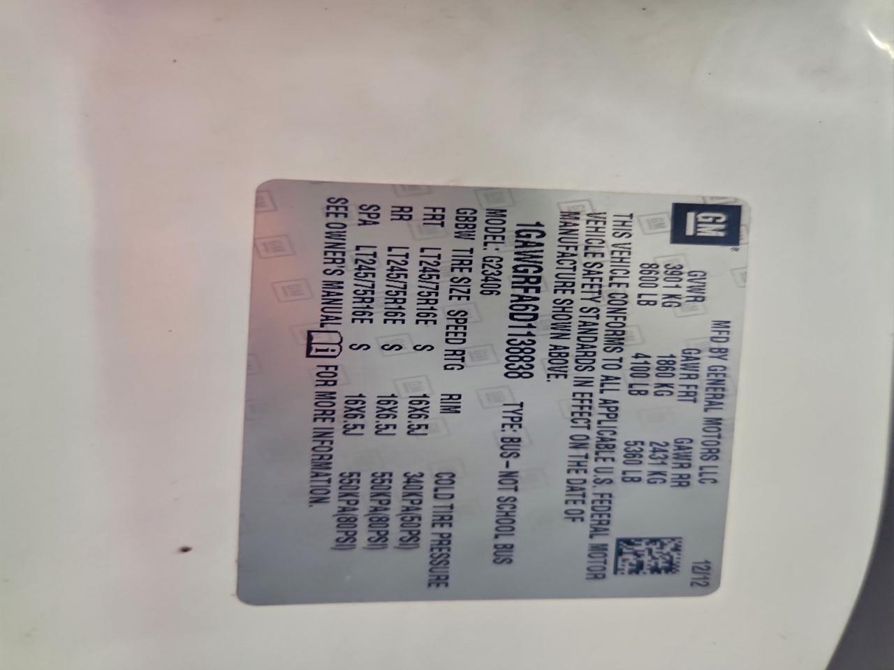 2013 Chevrolet Express G2500 Lt VIN: 1GAWGRFA6D1138838 Lot: 92720115