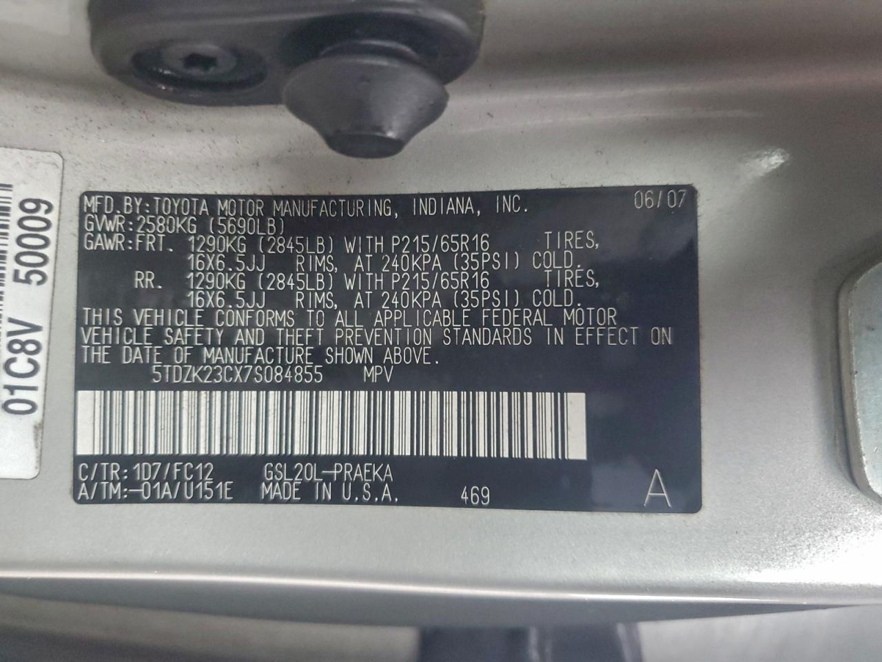 2007 Toyota Sienna Ce VIN: 5TDZK23CX7S084855 Lot: 94277355