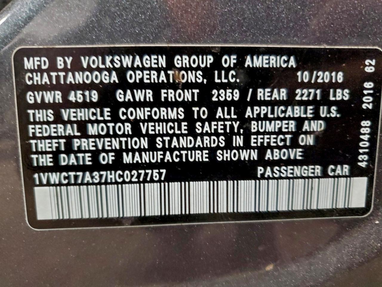 2017 Volkswagen Passat Sel Premium VIN: 1VWCT7A37HC027757 Lot: 94681965