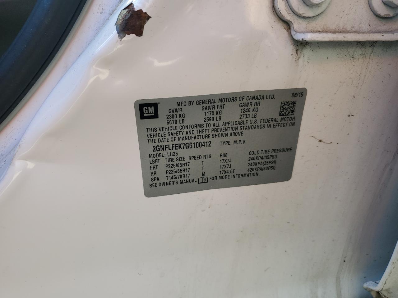 2016 Chevrolet Equinox Lt VIN: 2GNFLFEK7G6100412 Lot: 92697025