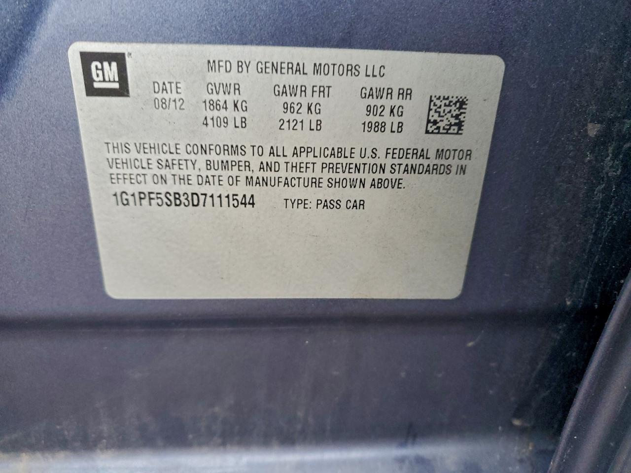 2013 Chevrolet Cruze Lt VIN: 1G1PF5SB3D7111544 Lot: 94738045