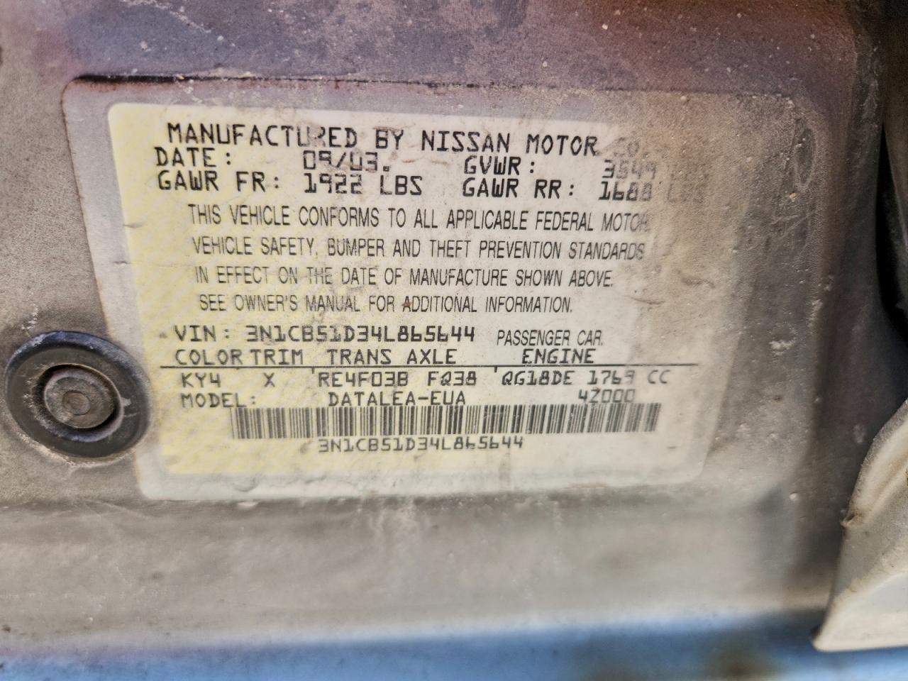 2004 Nissan Sentra 1.8 VIN: 3N1CB51D34L865644 Lot: 94121585