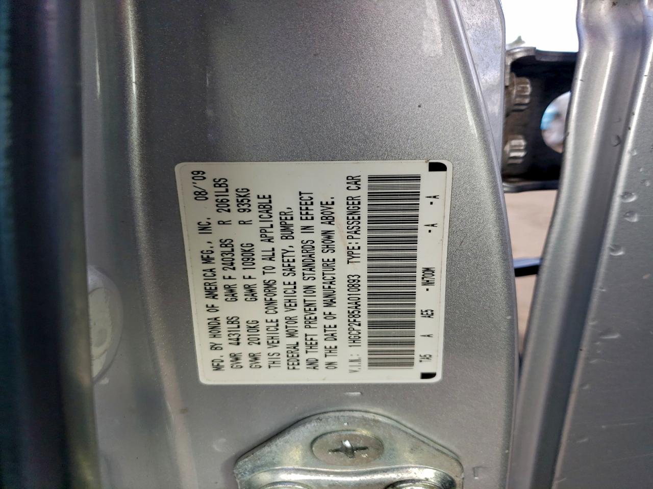2010 Honda Accord Exl VIN: 1HGCP2F85AA010893 Lot: 93289975