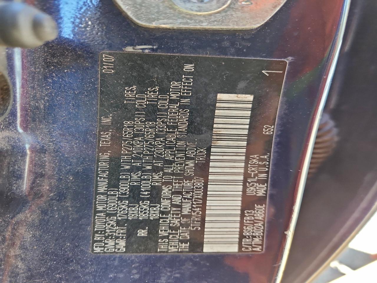 2007 Toyota Tundra Double Cab Sr5 VIN: 5TFRV54117X003807 Lot: 94880665