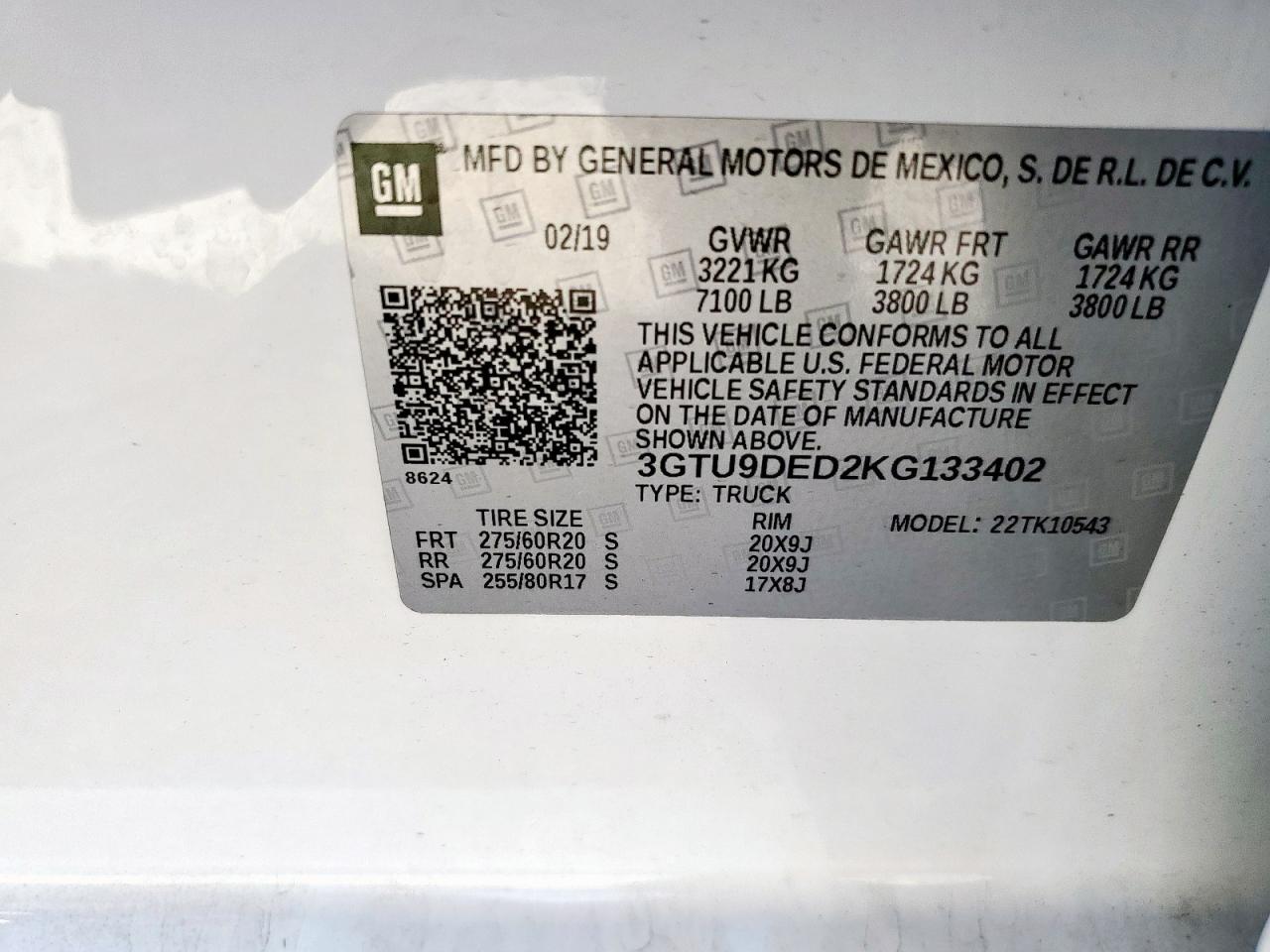 2019 GMC Sierra K1500 Slt VIN: 3GTU9DED2KG133402 Lot: 92635745