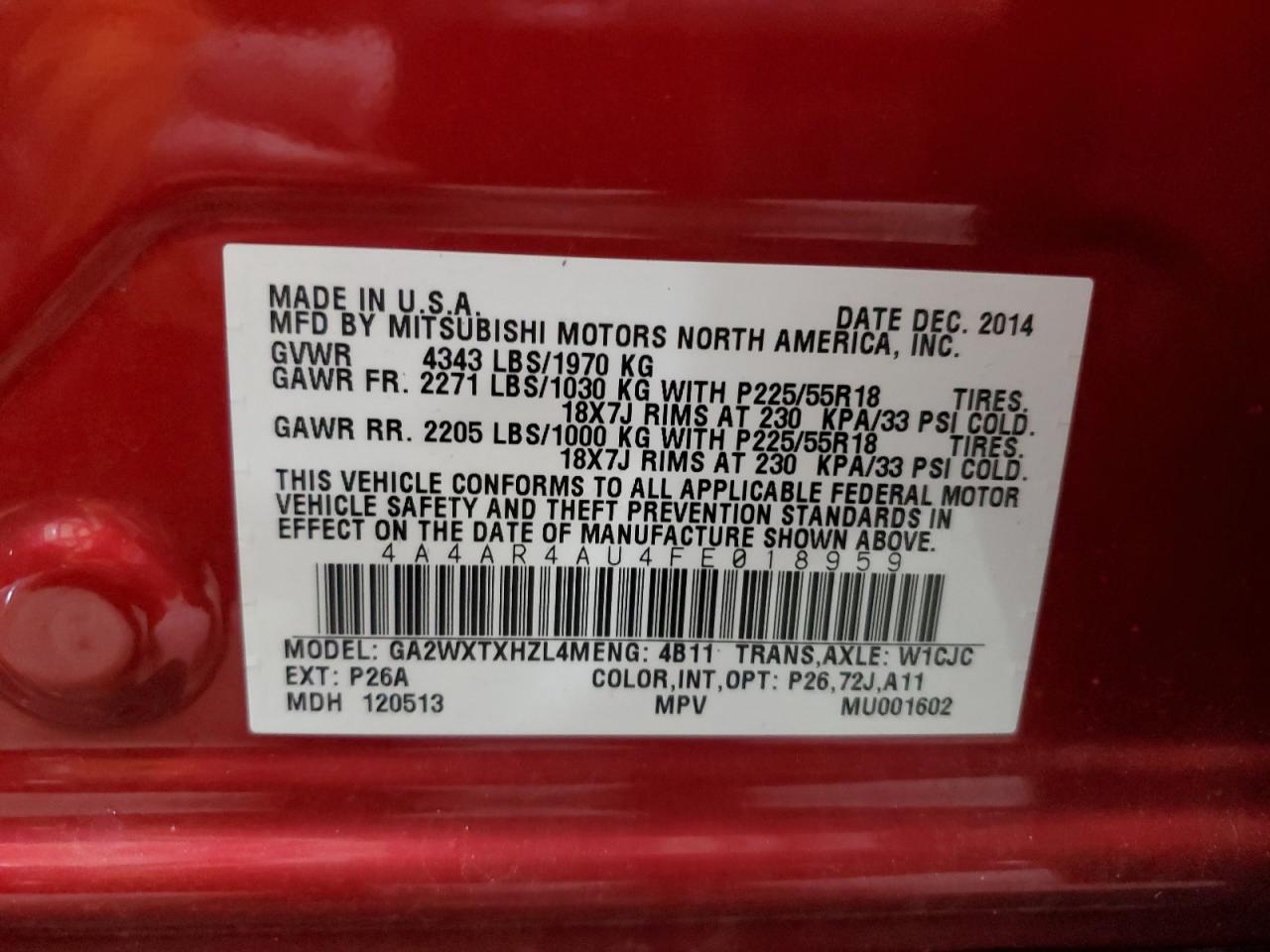 2015 Mitsubishi Outlander Sport Se VIN: 4A4AR4AU4FE018959 Lot: 91061535