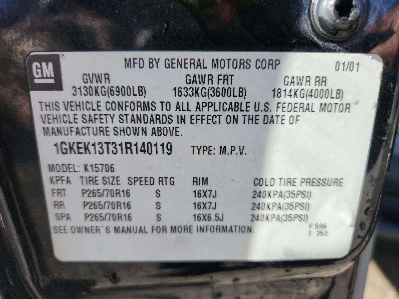 2001 GMC Yukon VIN: 1GKEK13T31R140119 Lot: 91881705