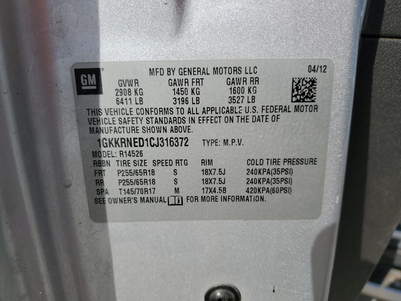 2012 GMC Acadia Sle VIN: 1GKKRNED1CJ316372 Lot: 91809195