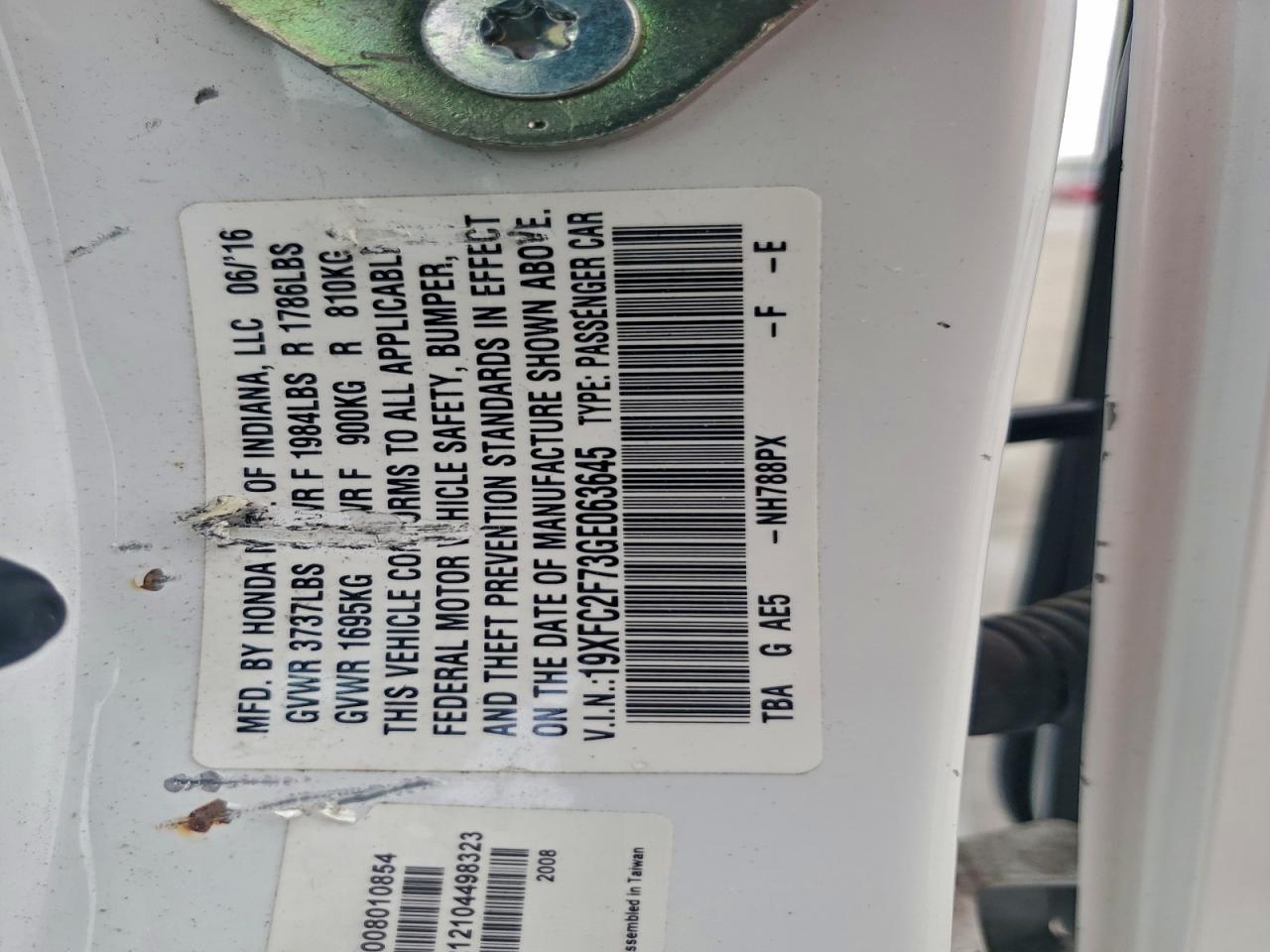 2016 Honda Civic Ex VIN: 19XFC2F73GE063645 Lot: 93783355