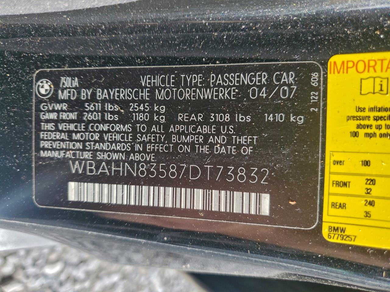 2007 BMW 750 VIN: WBAHN83587DT73832 Lot: 94066205