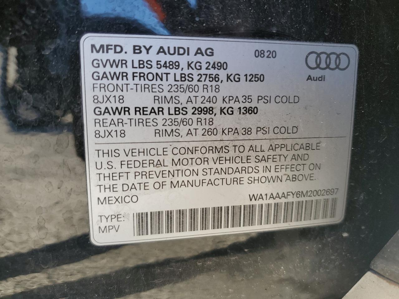 2021 Audi Q5 Premium VIN: WA1AAAFY6M2002697 Lot: 89819025