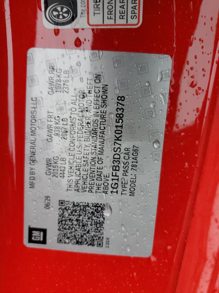 2019 Chevrolet Camaro Ls VIN: 1G1FB3DS7K0158378 Lot: 92323505