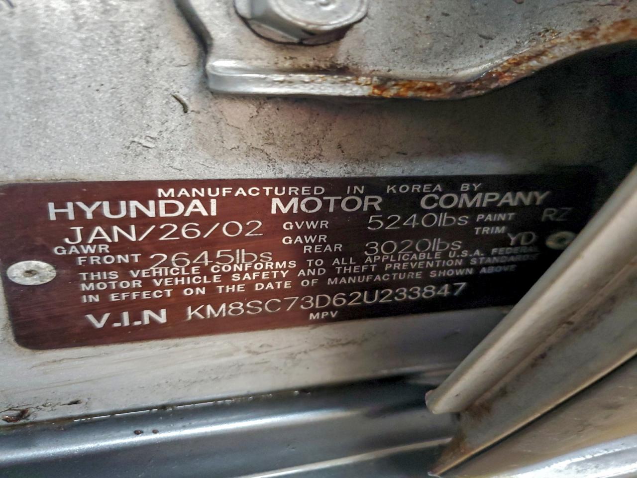 2002 Hyundai Santa Fe Gls VIN: KM8SC73D62U233847 Lot: 93614995