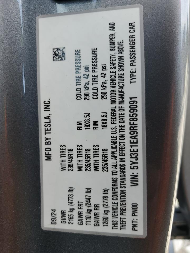 2024 Tesla Model 3 VIN: 5YJ3E1EA9RF859091 Lot: 92207585