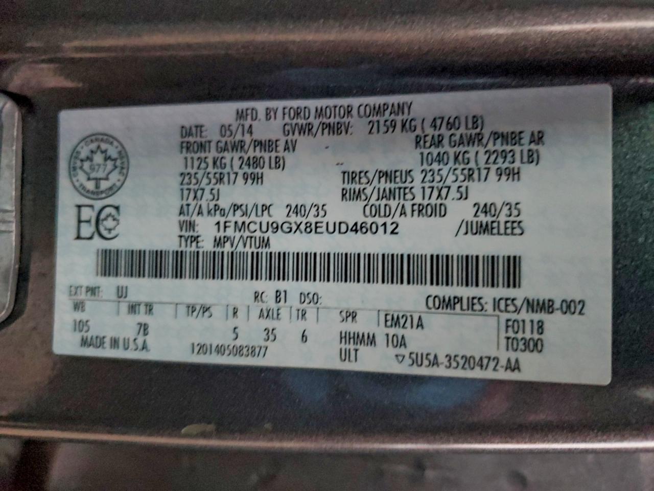 2014 Ford Escape Se VIN: 1FMCU9GX8EUD46012 Lot: 94290115