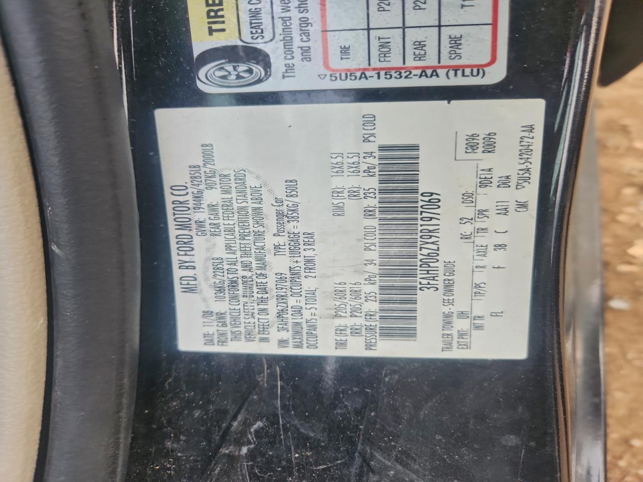 2009 Ford Fusion S VIN: 3FAHP06ZX9R197069 Lot: 93979565