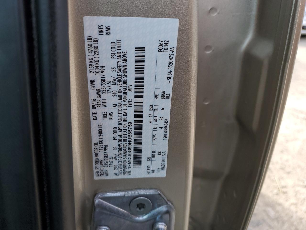 2017 Ford Escape Se VIN: 1FMCU0G99HUB65759 Lot: 92861975