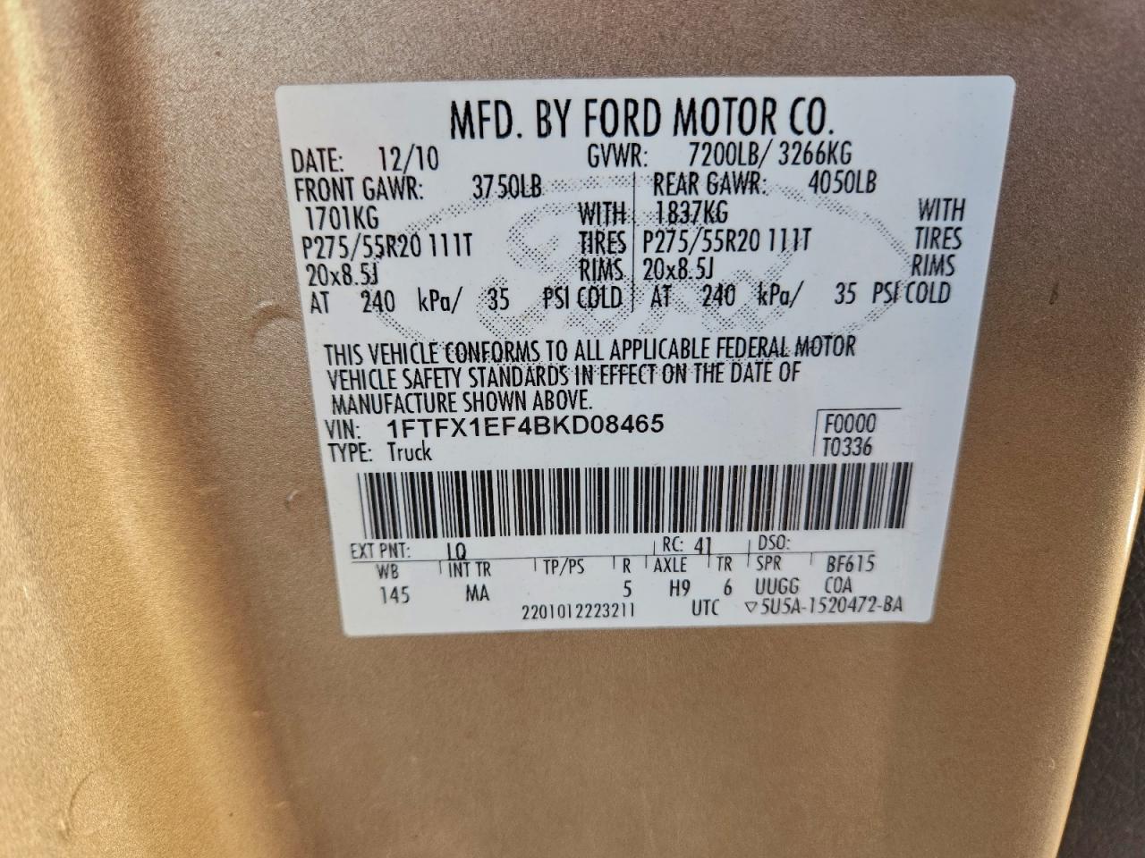 2011 Ford F150 Super Cab VIN: 1FTFX1EF4BKD08465 Lot: 94149325