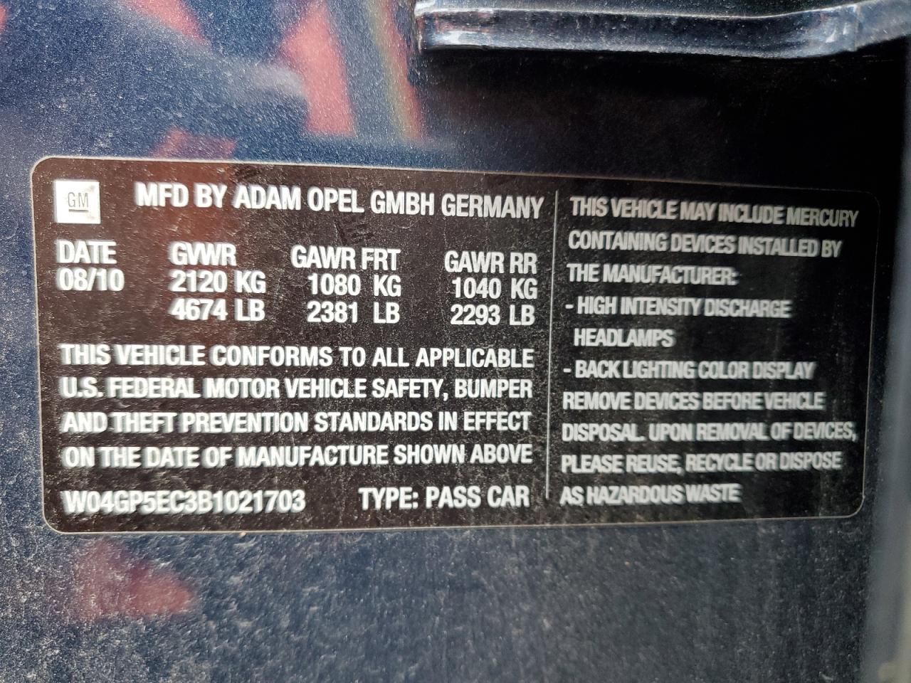 2011 Buick Regal Cxl VIN: W04GP5EC3B1021703 Lot: 91902305