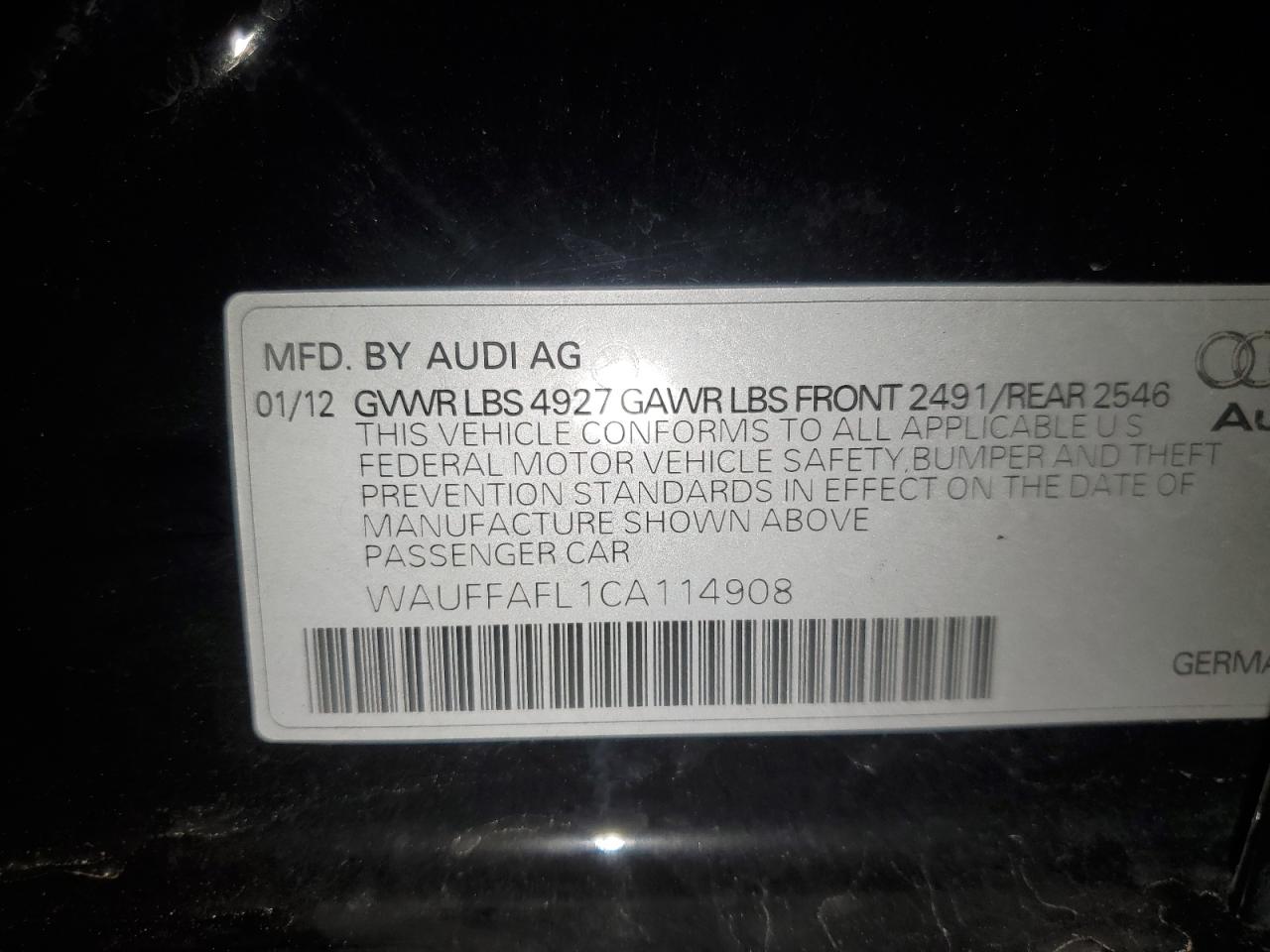 2012 Audi A4 Premium Plus VIN: WAUFFAFL1CA114908 Lot: 94006765