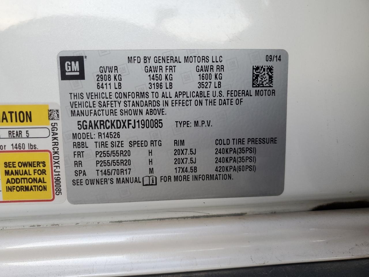 2015 Buick Enclave VIN: 5GAKRCKDXFJ190085 Lot: 93211245