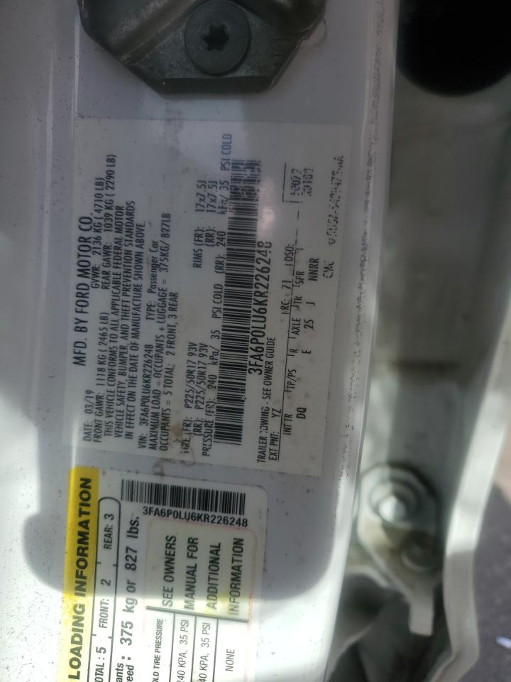 2019 Ford Fusion Se VIN: 3FA6P0LU6KR226248 Lot: 92234795