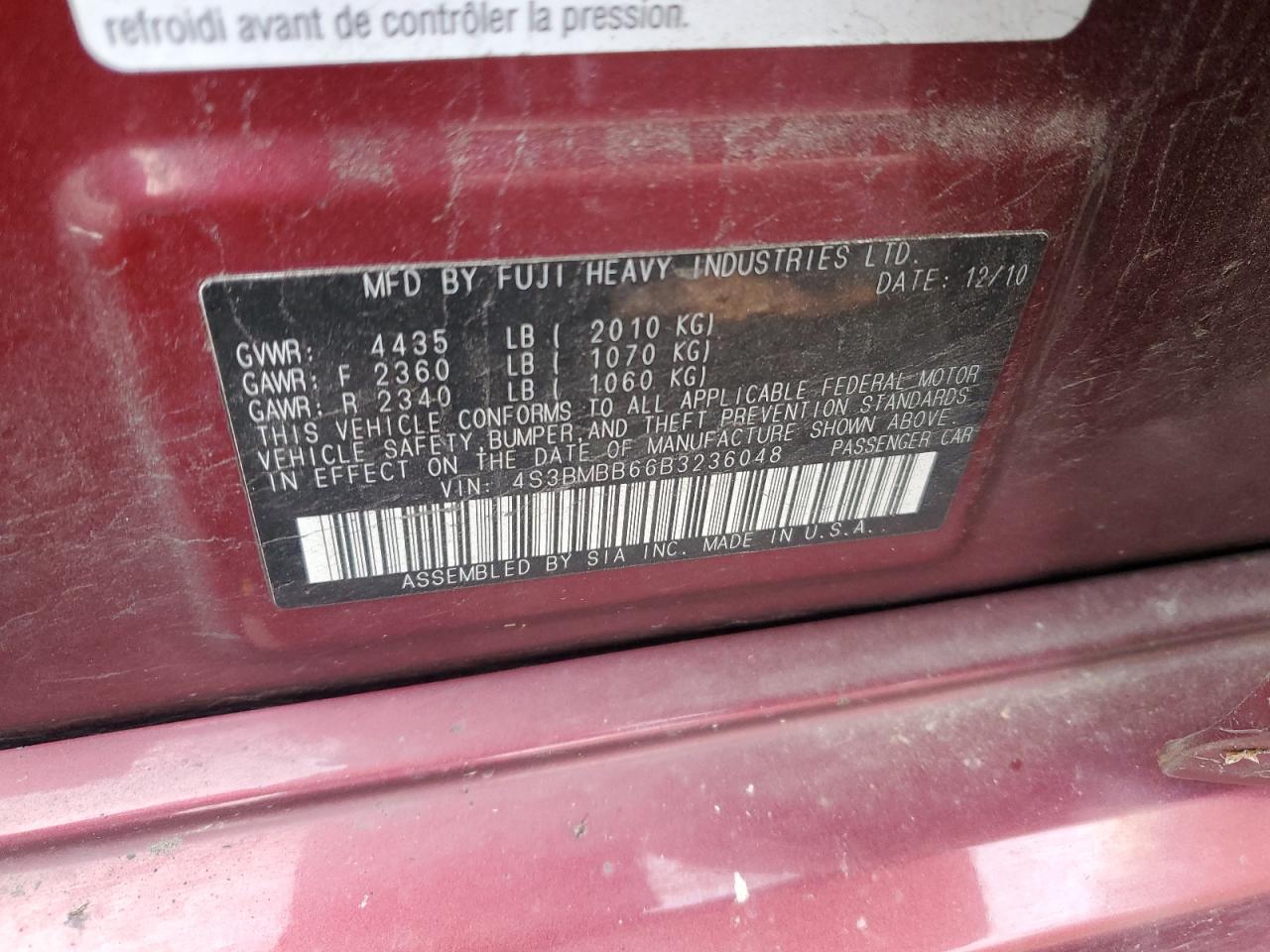 2011 Subaru Legacy 2.5I Premium VIN: 4S3BMBB66B3236048 Lot: 93297675