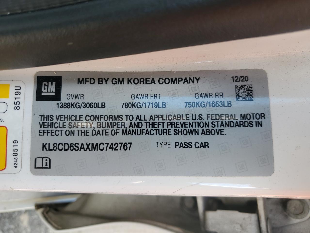 2021 Chevrolet Spark 1Lt VIN: KL8CD6SAXMC742767 Lot: 92449265