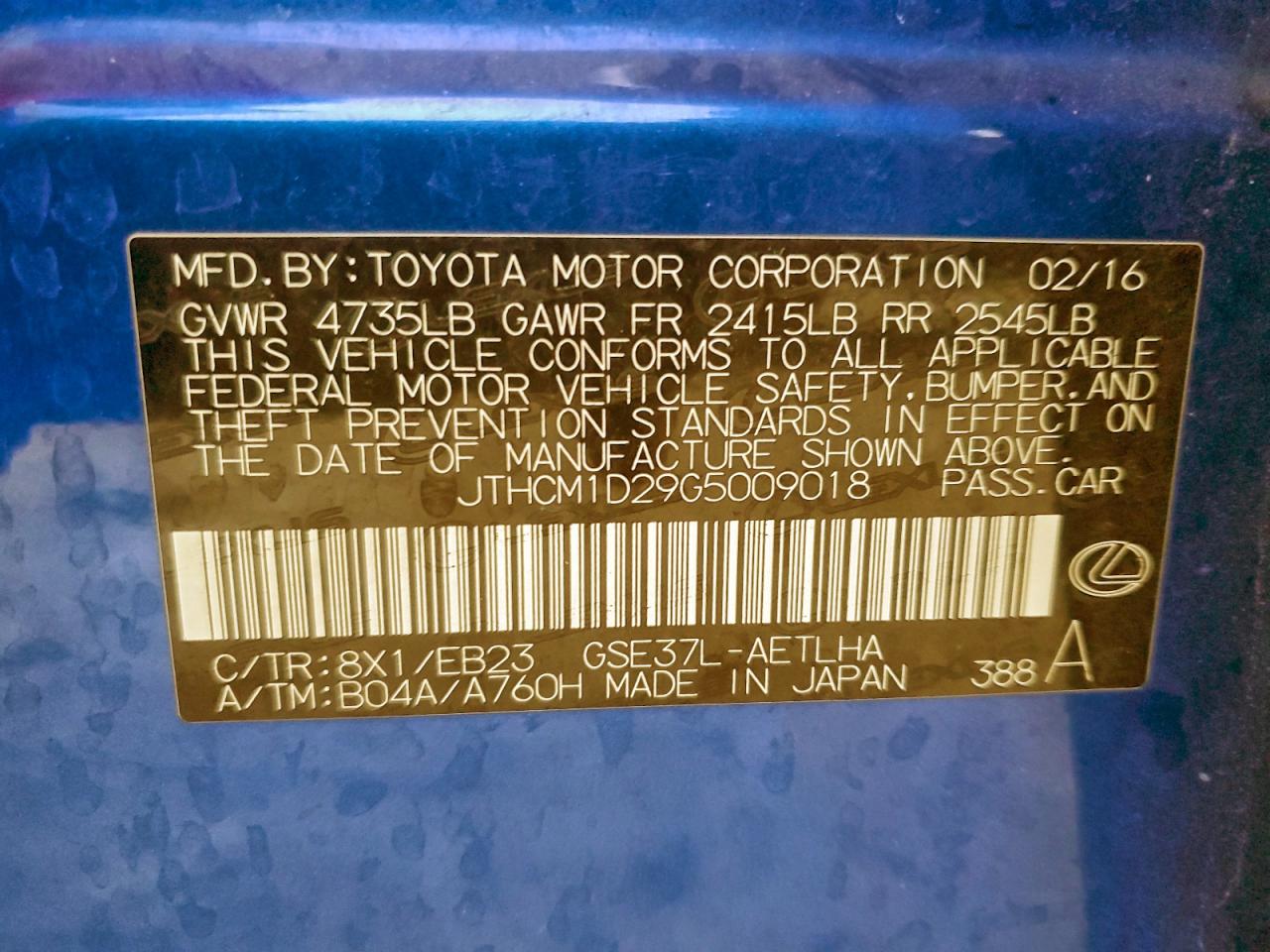 2016 Lexus Is 300 VIN: JTHCM1D29G5009018 Lot: 93953255