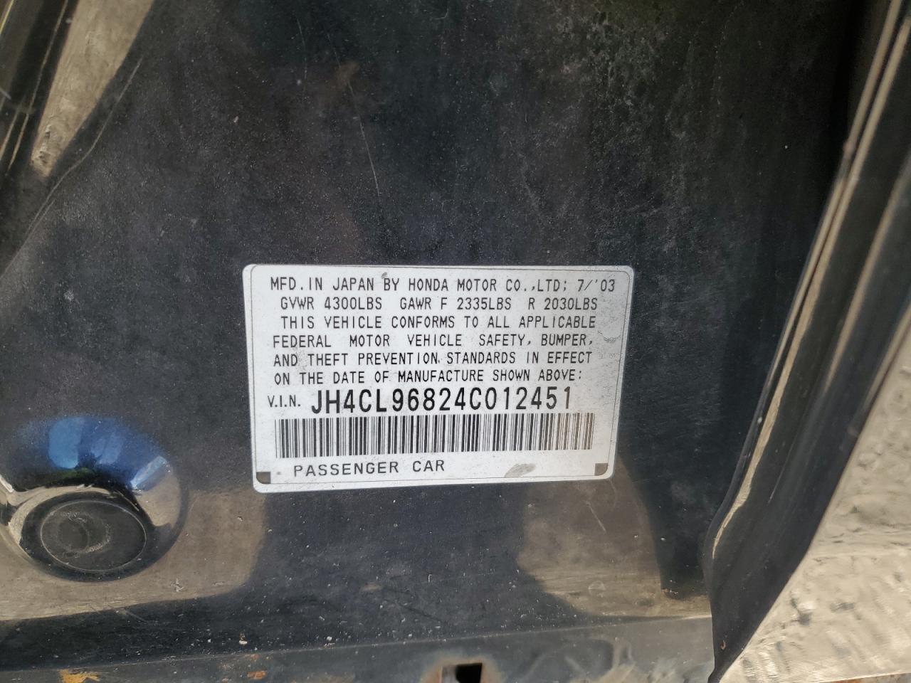 2004 Acura Tsx VIN: JH4CL96824C012451 Lot: 91725475