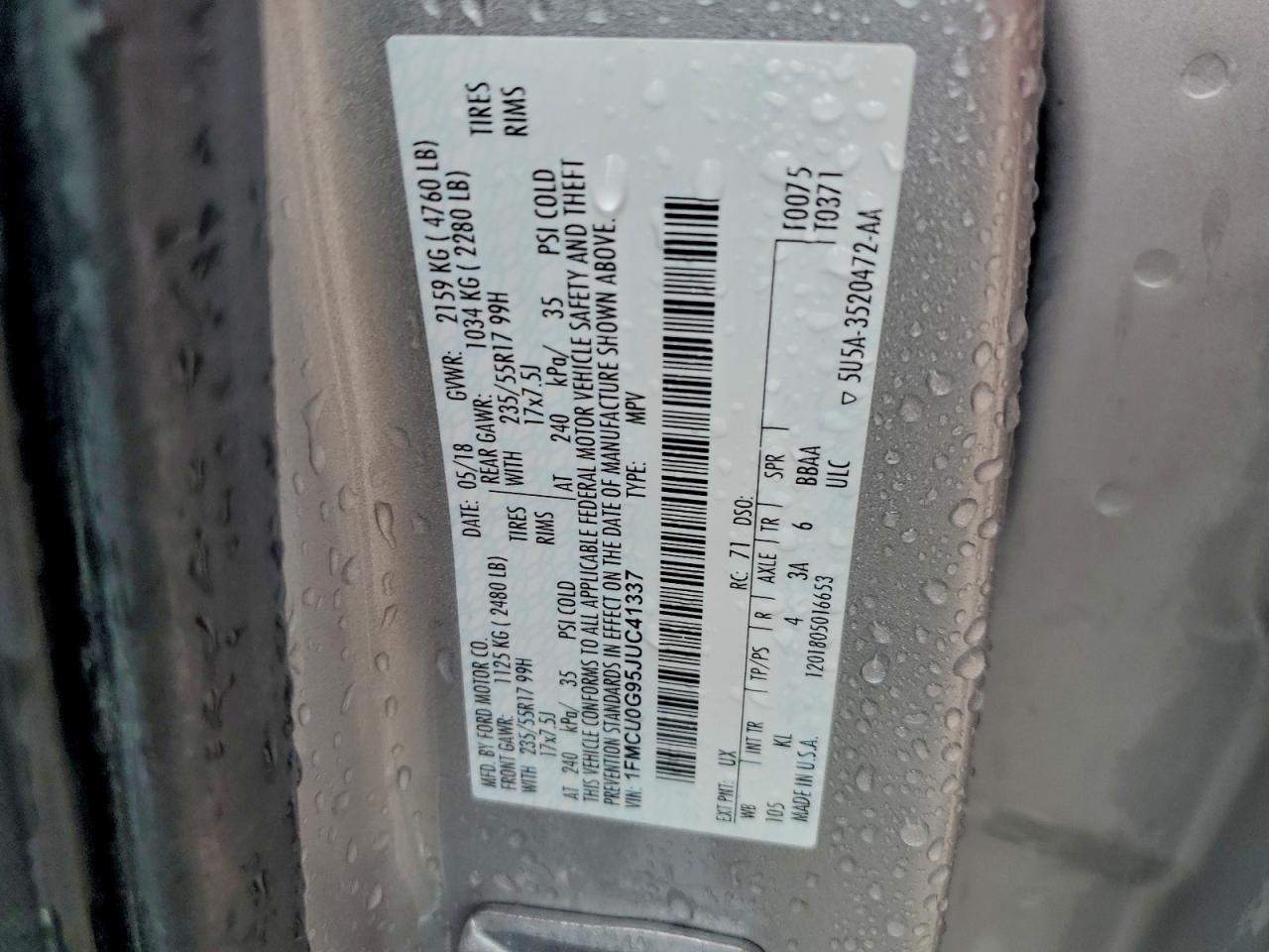 2018 Ford Escape Se VIN: 1FMCU0G95JUC41337 Lot: 93753475