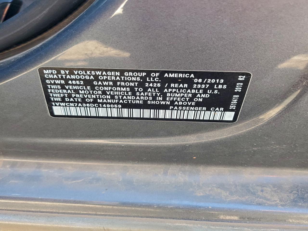 2013 Volkswagen Passat Sel VIN: 1VWCN7A36DC149059 Lot: 94569295