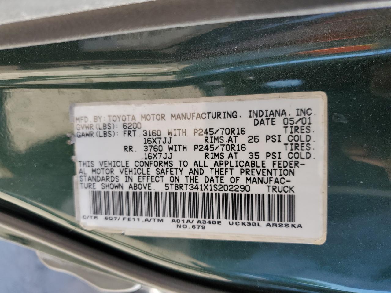 2001 Toyota Tundra Access Cab VIN: 5TBRT341X1S202290 Lot: 92341635