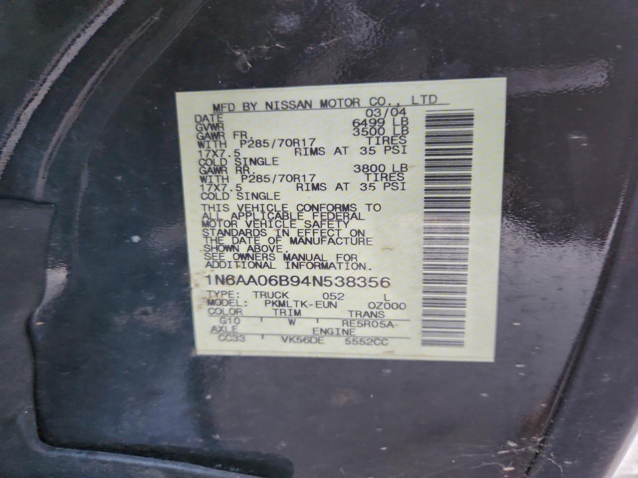 2004 Nissan Titan Xe VIN: 1N6AA06B94N538356 Lot: 93376855