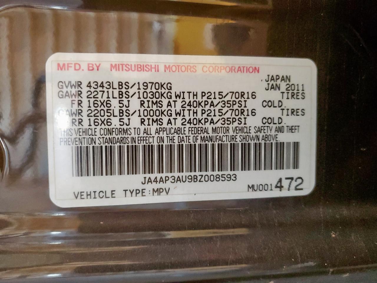 2011 Mitsubishi Outlander Sport Es VIN: JA4AP3AU9BZ008593 Lot: 91479505