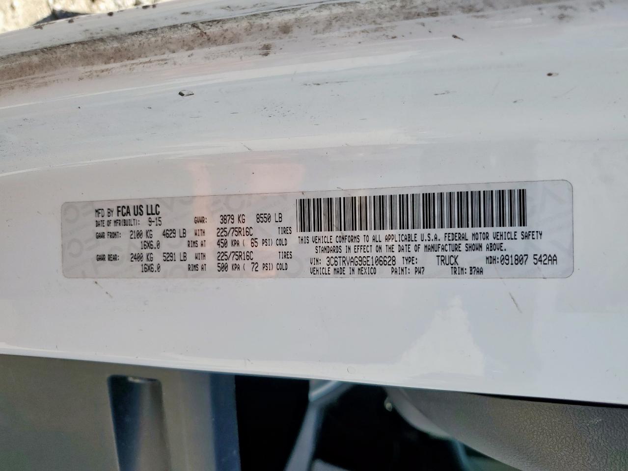 2016 Ram Promaster Cargo Van VIN: 3C6TRVAG9GE106628 Lot: 91037125