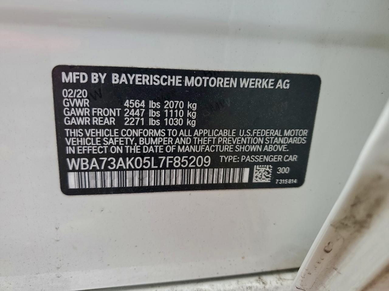 2020 BMW 228Xi VIN: WBA73AK05L7F85209 Lot: 93311435