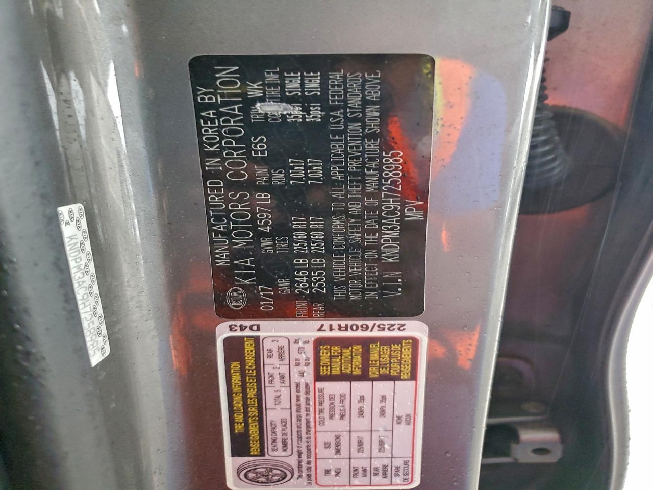 2017 Kia Sportage Lx VIN: KNDPM3AC9H7258985 Lot: 93850195