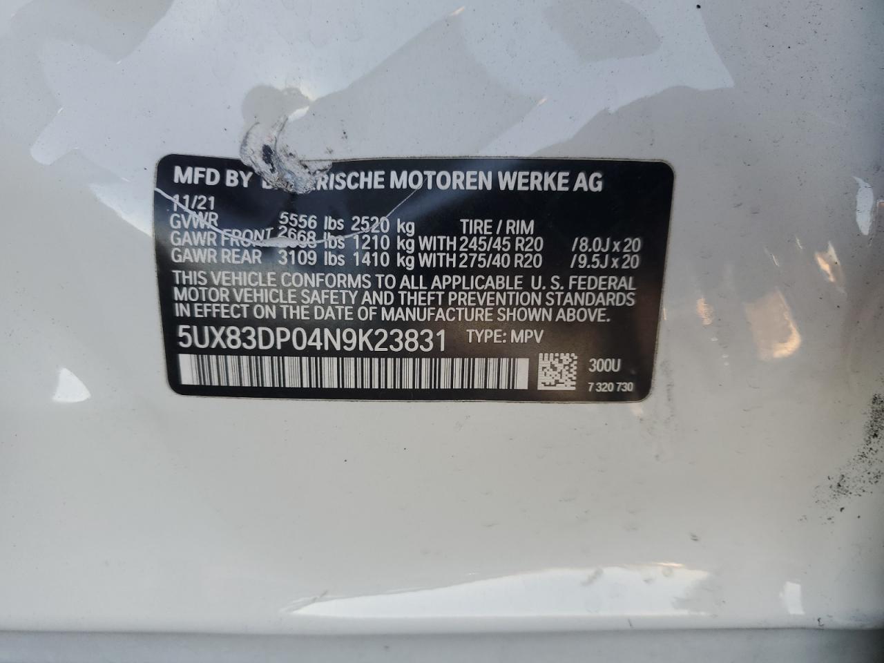 2022 BMW X3 M40I VIN: 5UX83DP04N9K23831 Lot: 93091645