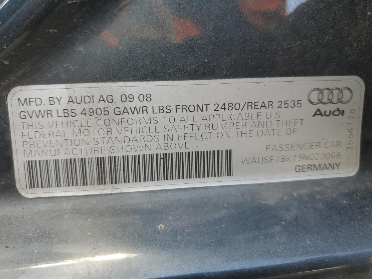 2009 Audi A4 Premium Plus VIN: WAUSF78K29N022066 Lot: 91366425