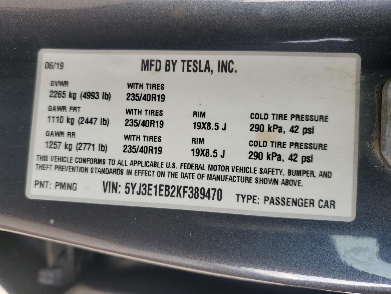 2019 Tesla Model 3 VIN: 5YJ3E1EB2KF389470 Lot: 92653045