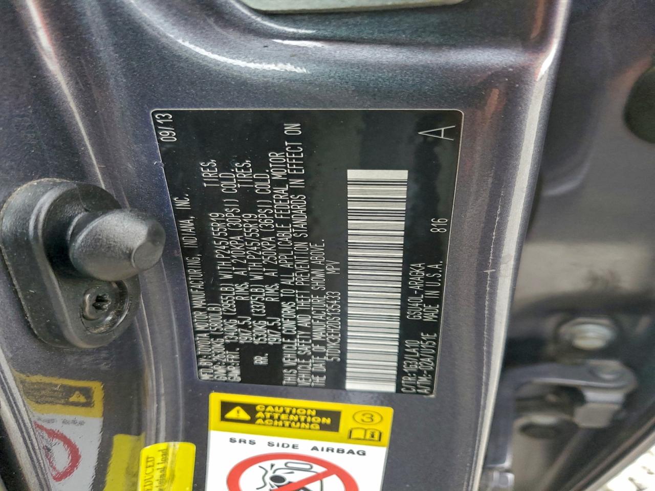 2013 Toyt Highlander VIN: 5TDYK3EH2DS135433 Lot: 92898835