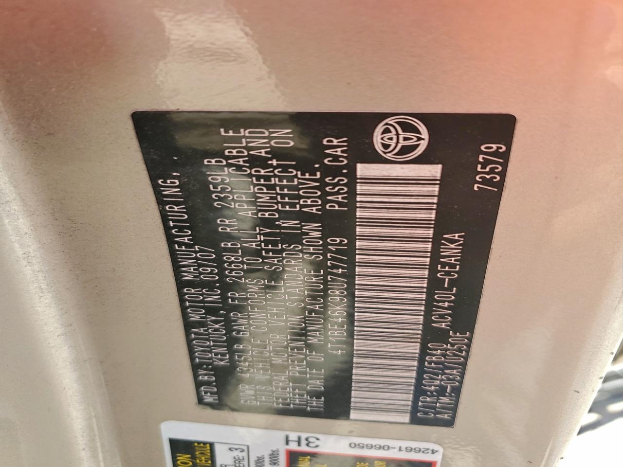 2008 Toyota Camry Ce VIN: 4T1BE46K98U747719 Lot: 93950445