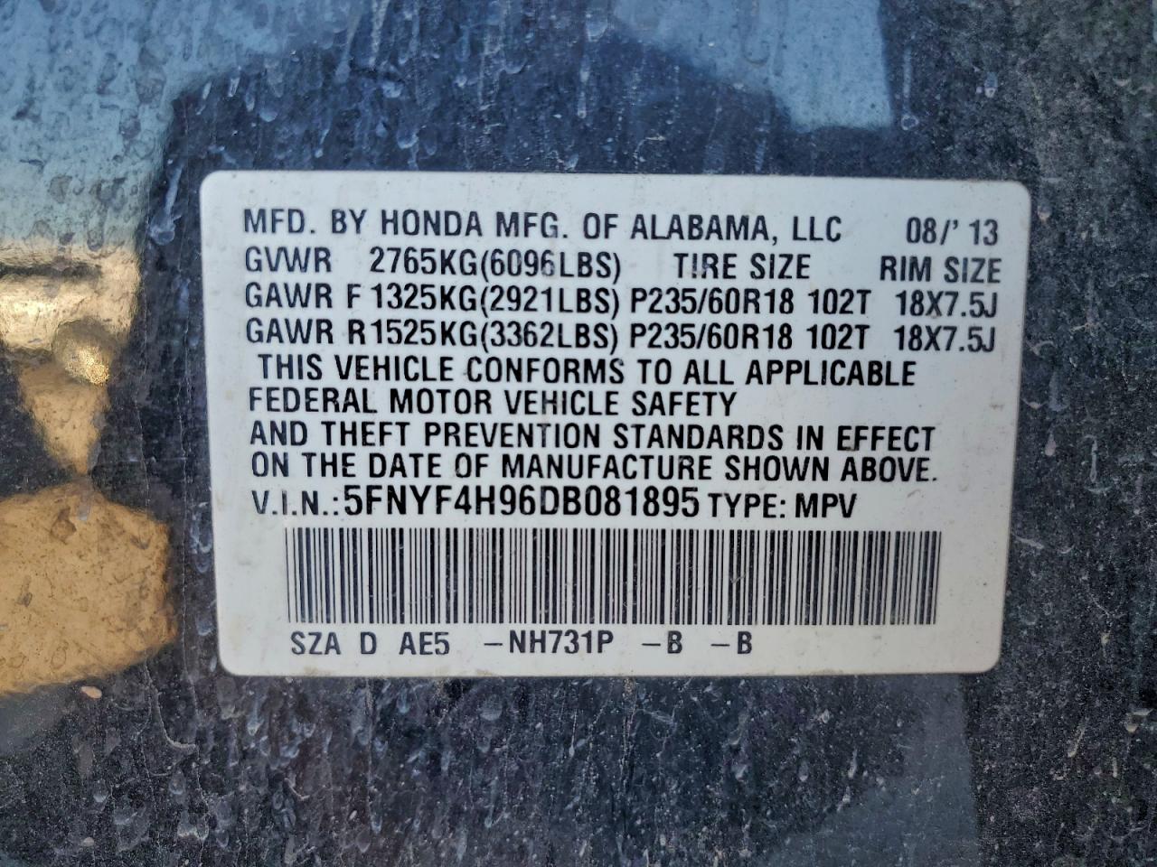 2013 Honda Pilot Touring VIN: 5FNYF4H96DB081895 Lot: 94313965