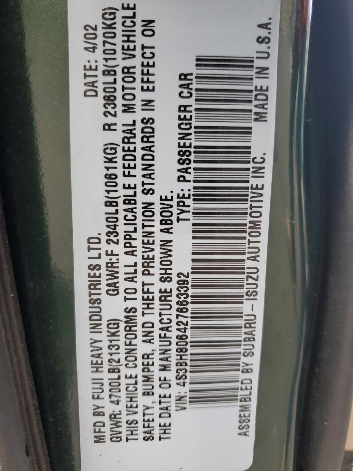 2002 Subaru Legacy Outback H6 3.0 Ll Bean VIN: 4S3BH806427663392 Lot: 91960105
