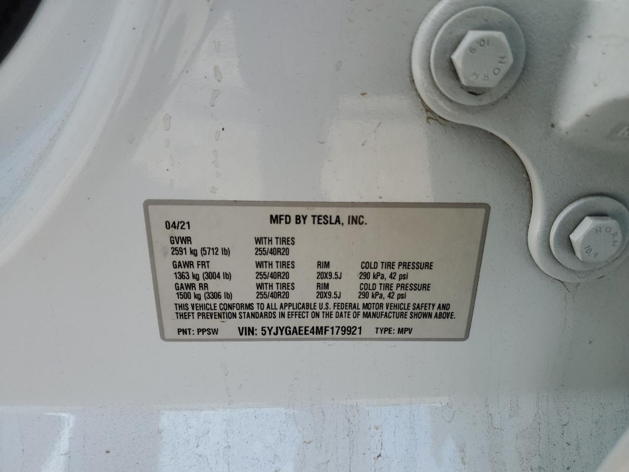 2021 Tesla Model Y VIN: 5YJYGAEE4MF179921 Lot: 90037975